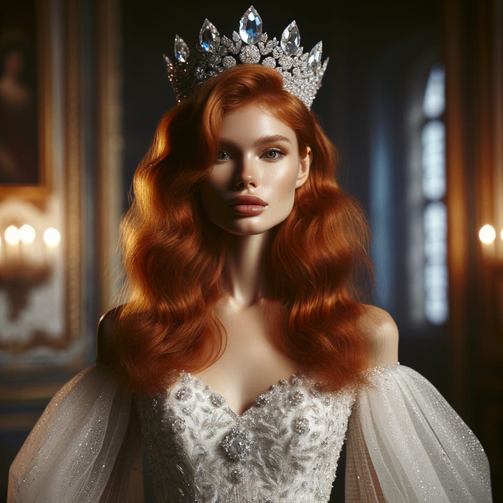 Elegant Redhead Queen in White Gown and Crown