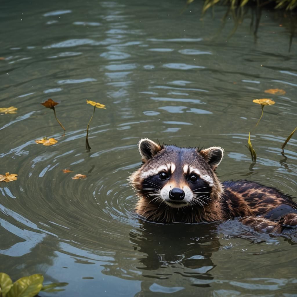 Hyperrealistic Raccoon Swimming: Detailed Digital Painting