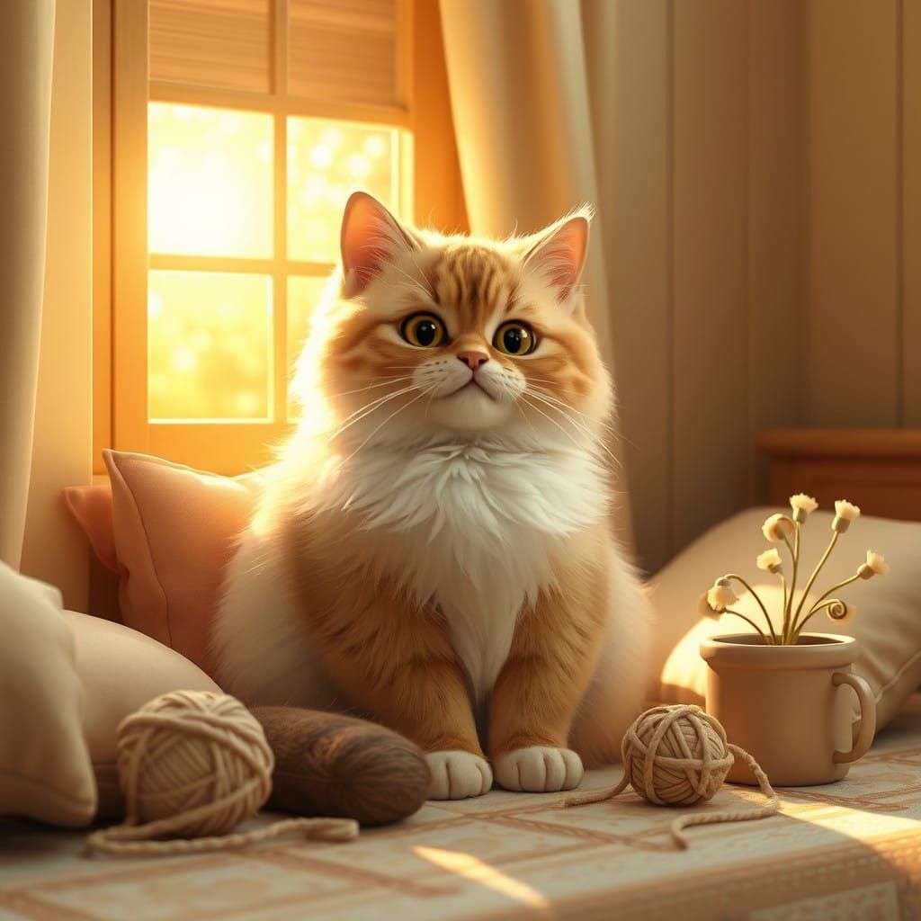 Chubby Cat in Warm Sunlit Sanctuary