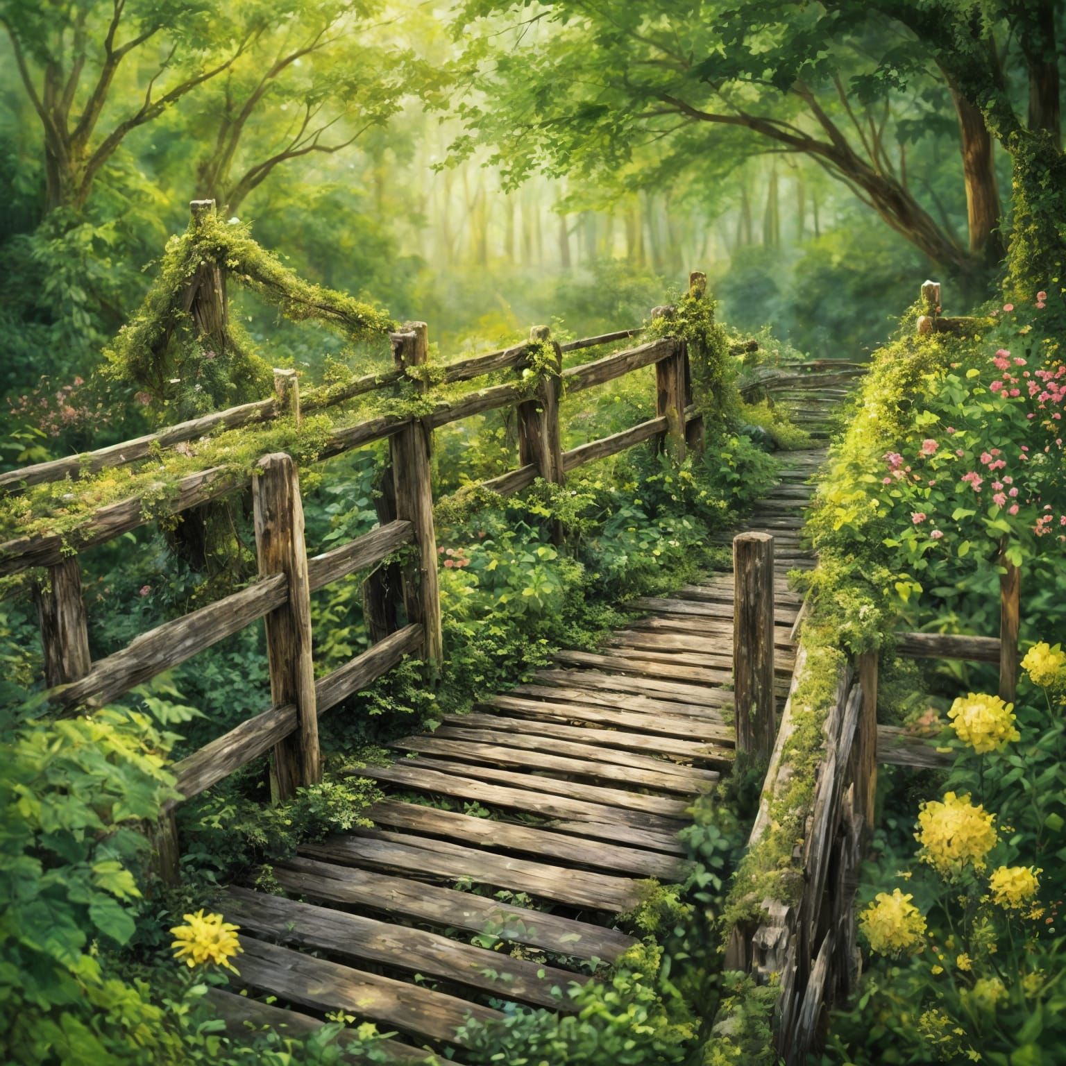 Vibrant Impressionist Wooden Bridge in Verdant Forest