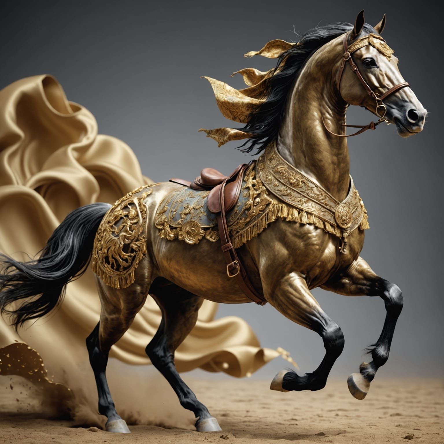 Arabian Horse depicted in full motion with intricate golden designs