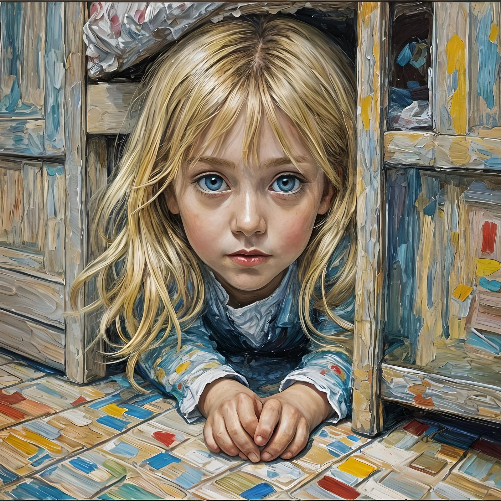 Girl Hiding Under Bed in Neo-Impressionist Style