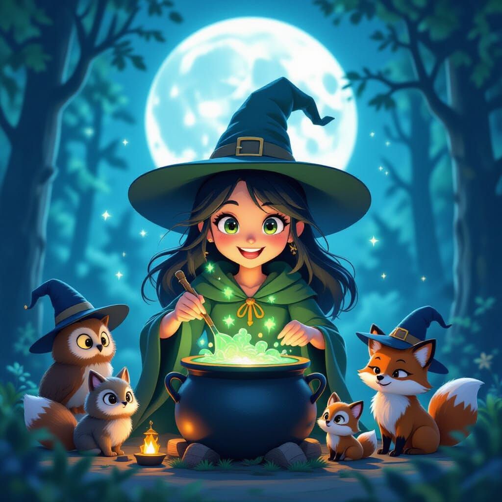 Mischievous Witch Brews Magic in Enchanted Forest