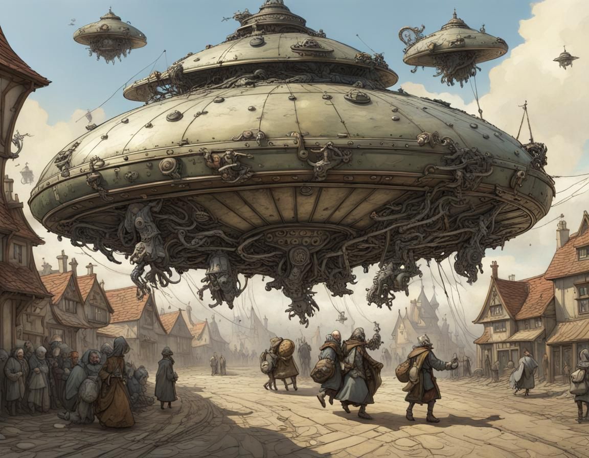 Medieval Village Under Robot Invasion: Digital Art