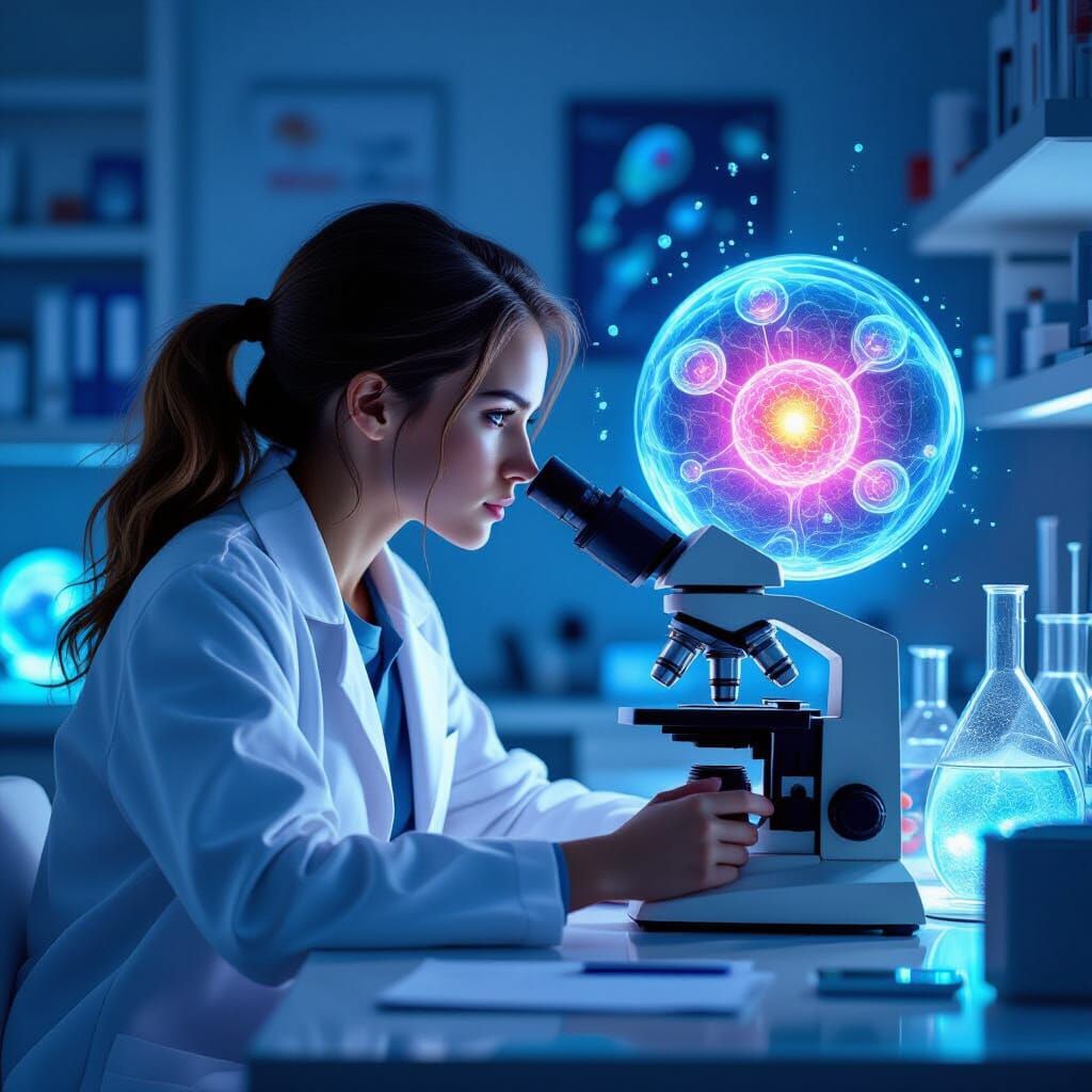 Dreamlike Classroom: Girl Observing Cells Under Microscope