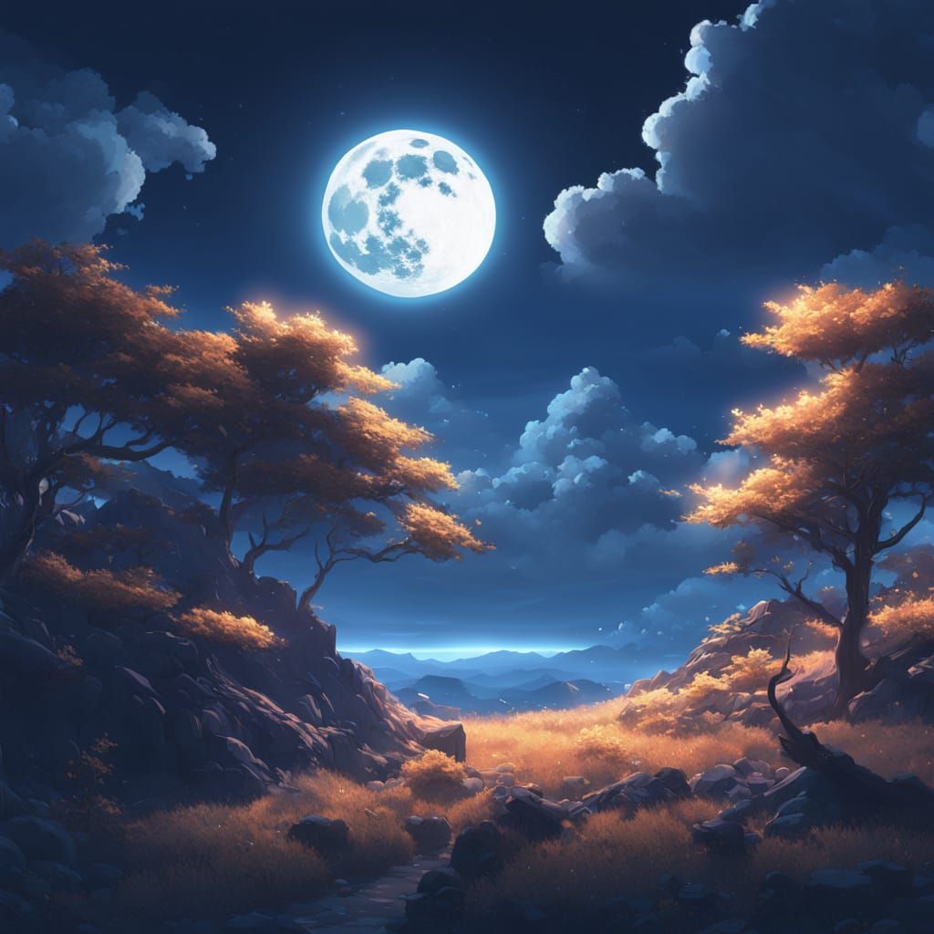 Anime Moonscape in Vibrant Blue Tones