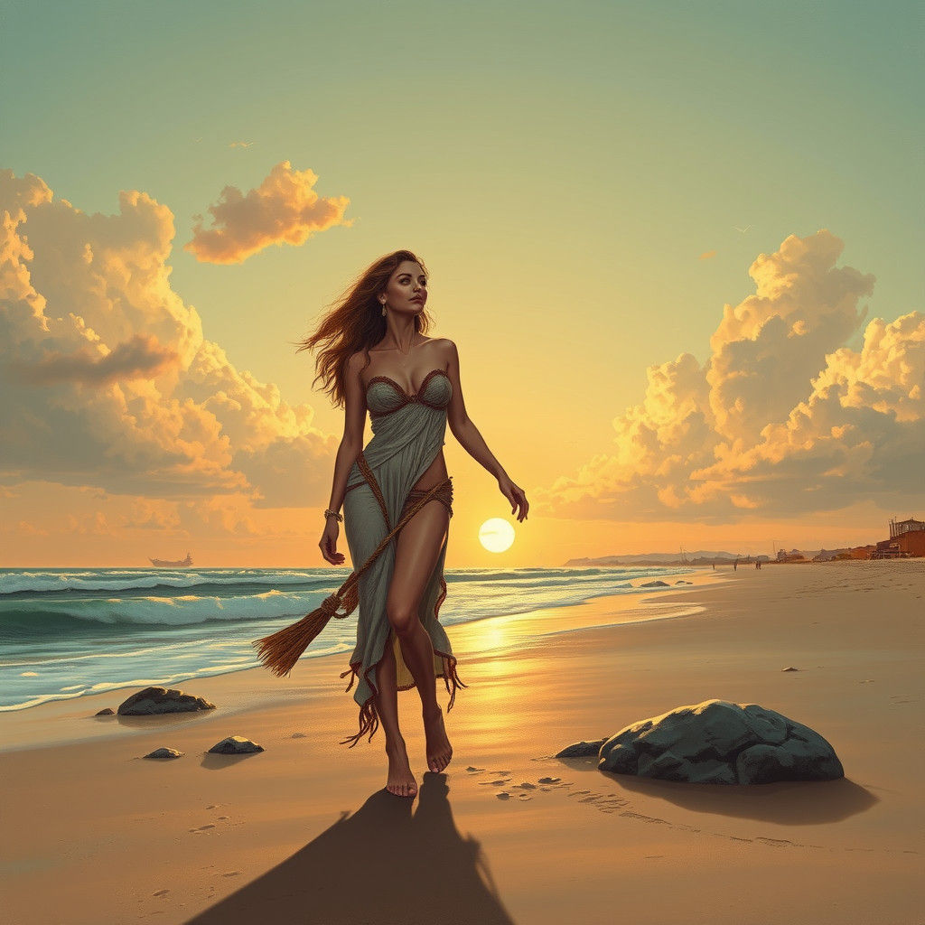 Woman on Beach in Comic Book Art Style