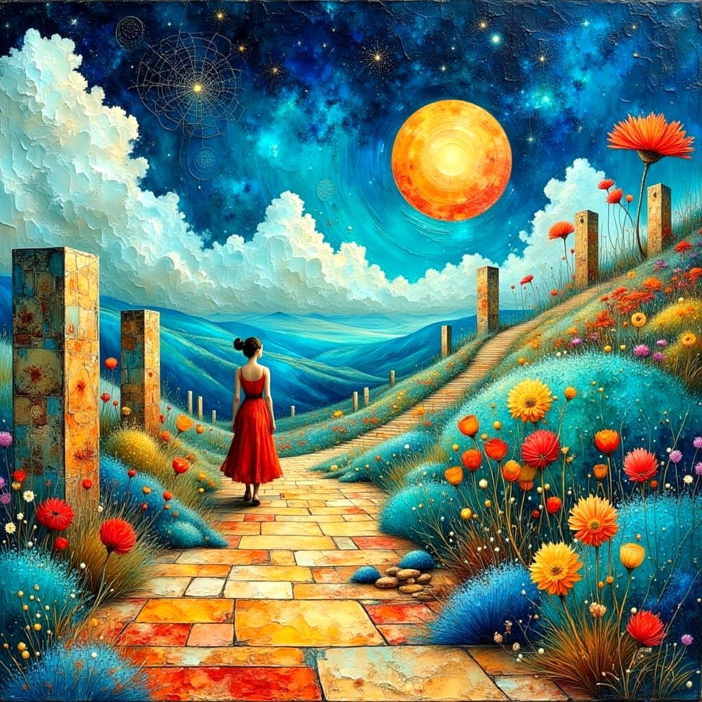 Dreamlike Woman on Pathway in Impasto Oil Painting