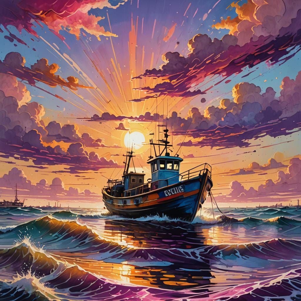 Fishing Boat at Sunrise in Graffiti Art Style
