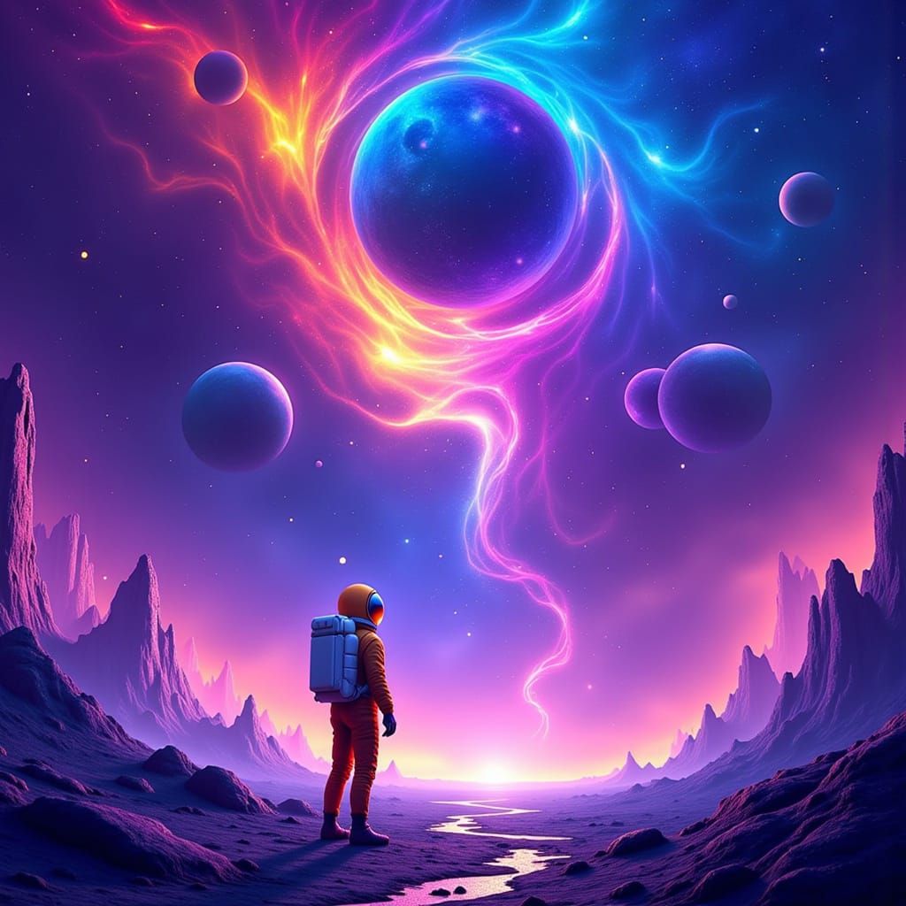 Astronaut Gazes at Nebula on Alien Planet in Stylized Illust...