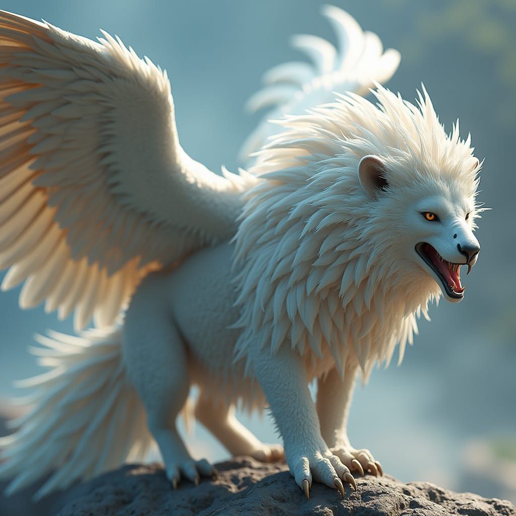 Majestic White Griffin: Mythological Creature in Detailed Pa...