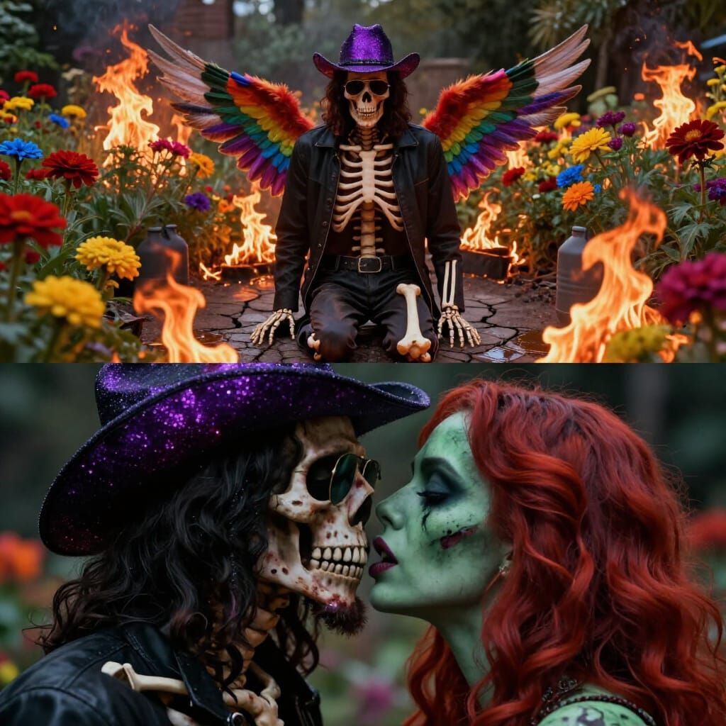Skeleton Jesus in Flaming Garden Diptych