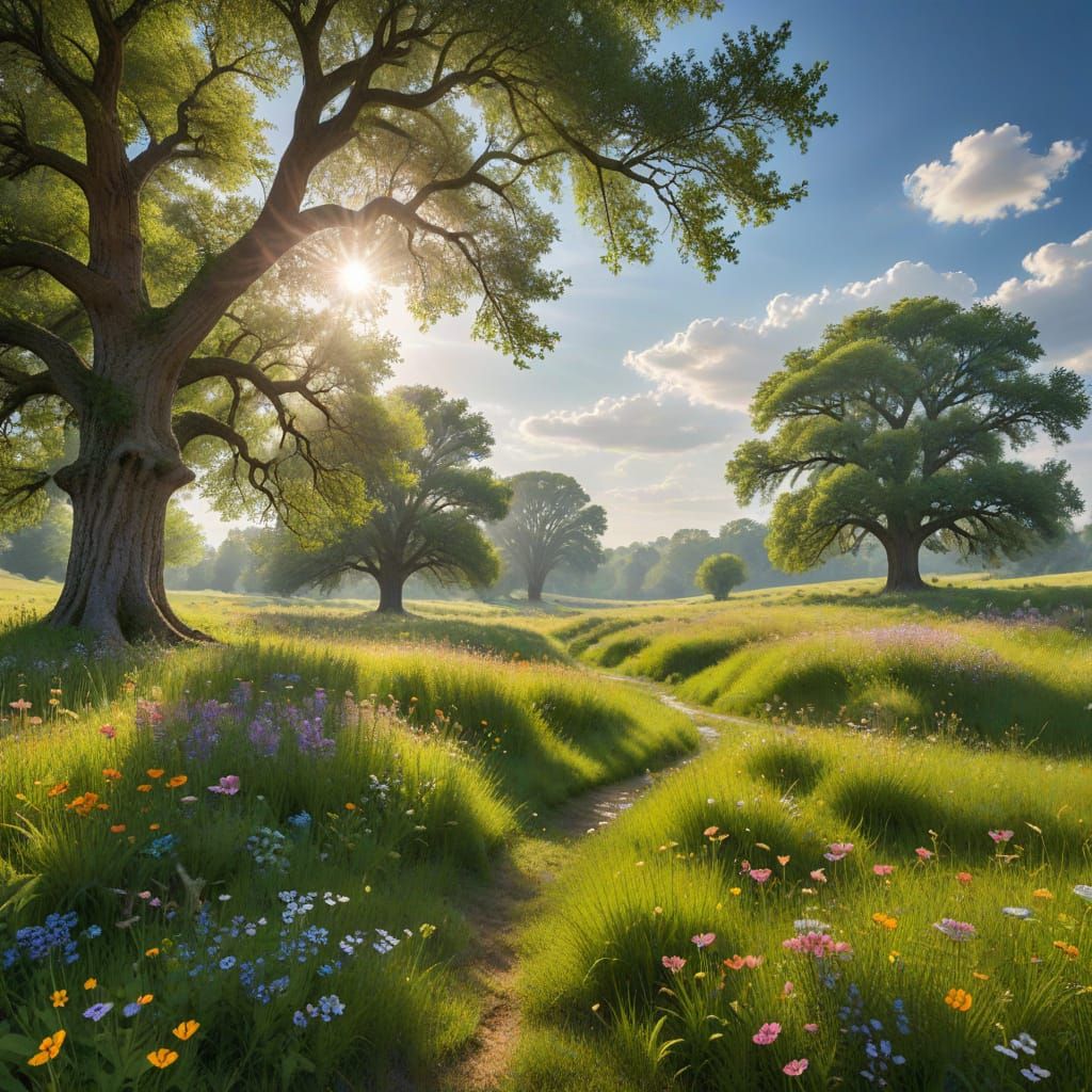 Peaceful Summer Landscape in a Sunlit Meadow