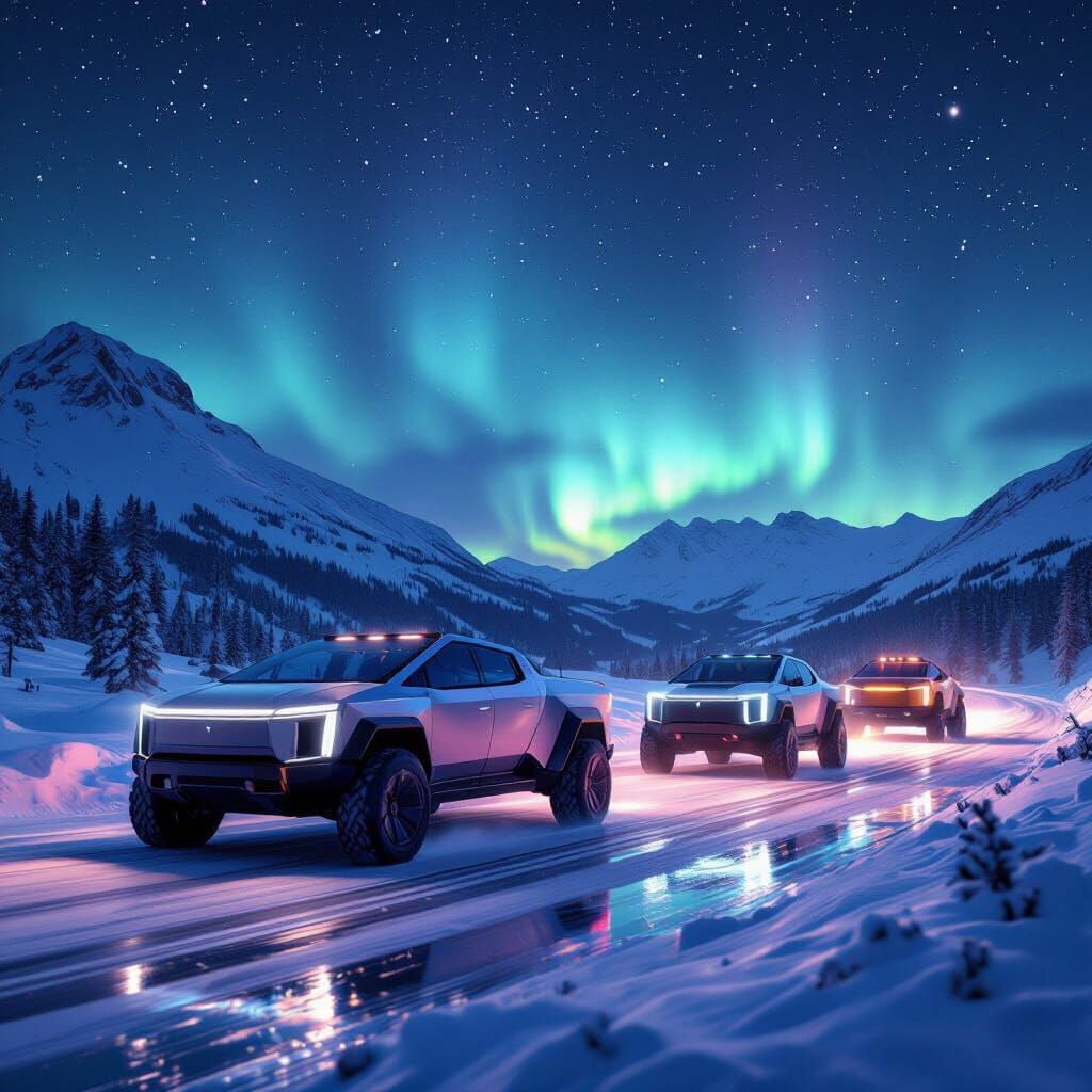 Cybertrucks on Snowy Road Under Aurora Borealis