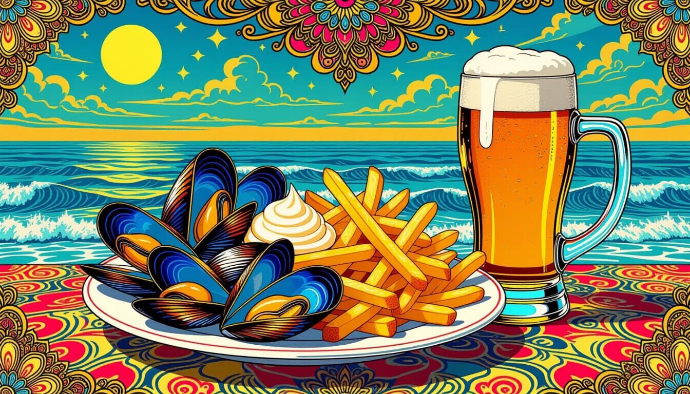Psychedelic Still Life of Mussels, Fries, and Beer