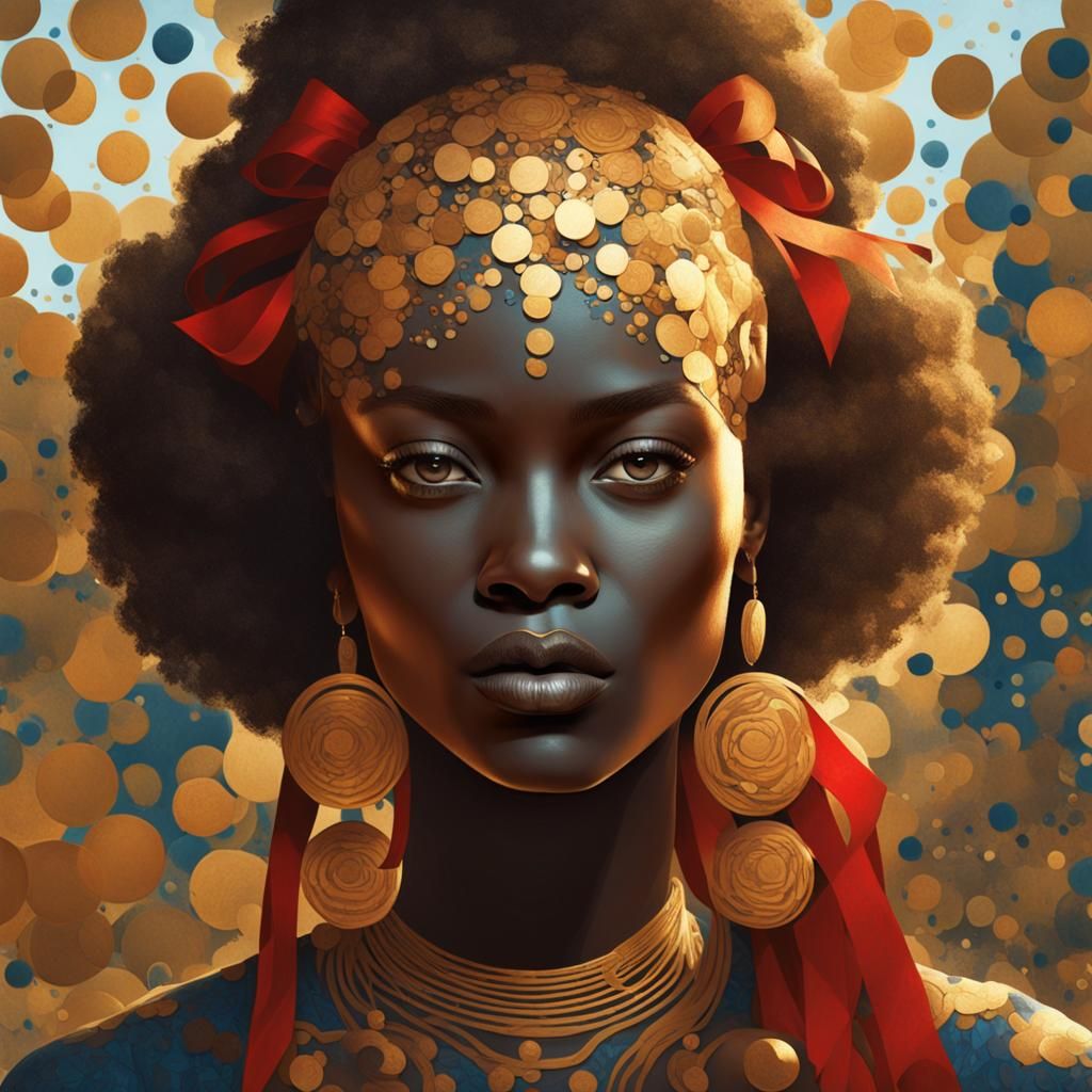 Earth Woman Portrait with Blue Butterflies in Klimt Style