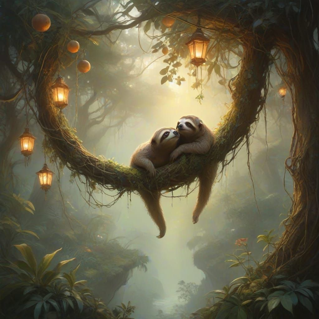 Whimsical Sloth in Lush Rainforest, Watercolor Art