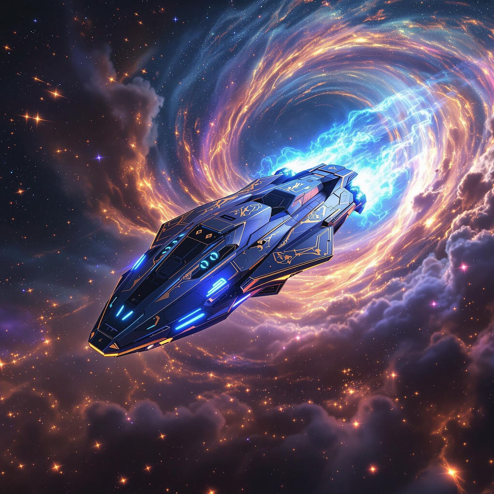 Spacecraft Accelerating Through Iridescent Nebula