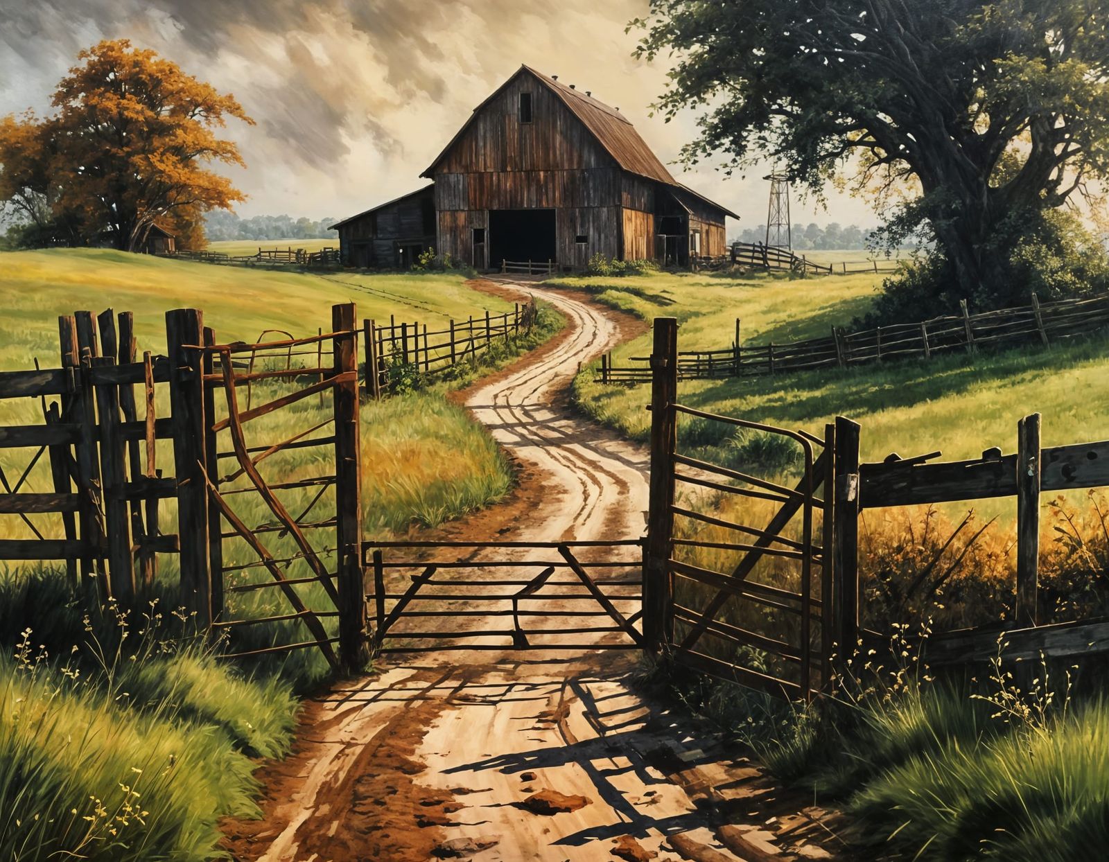 Rustic Farm Gates in Moody Oil Painting