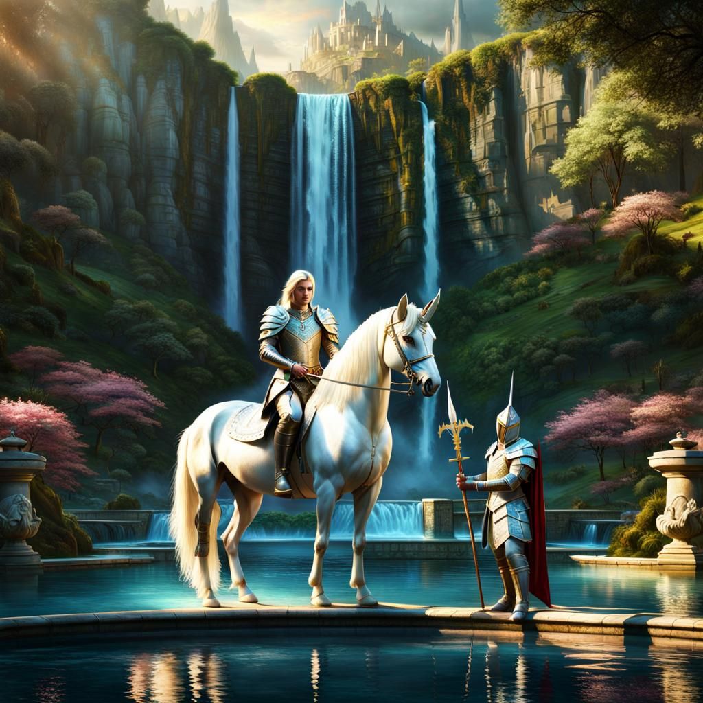 Elven Knight and Armored Unicorn by Waterfall