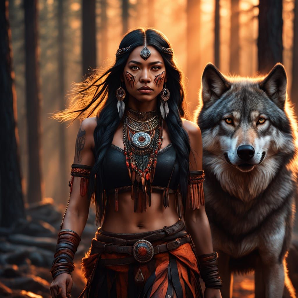 Native American Woman Walks with Majestic Wolf in Fiery Fore...