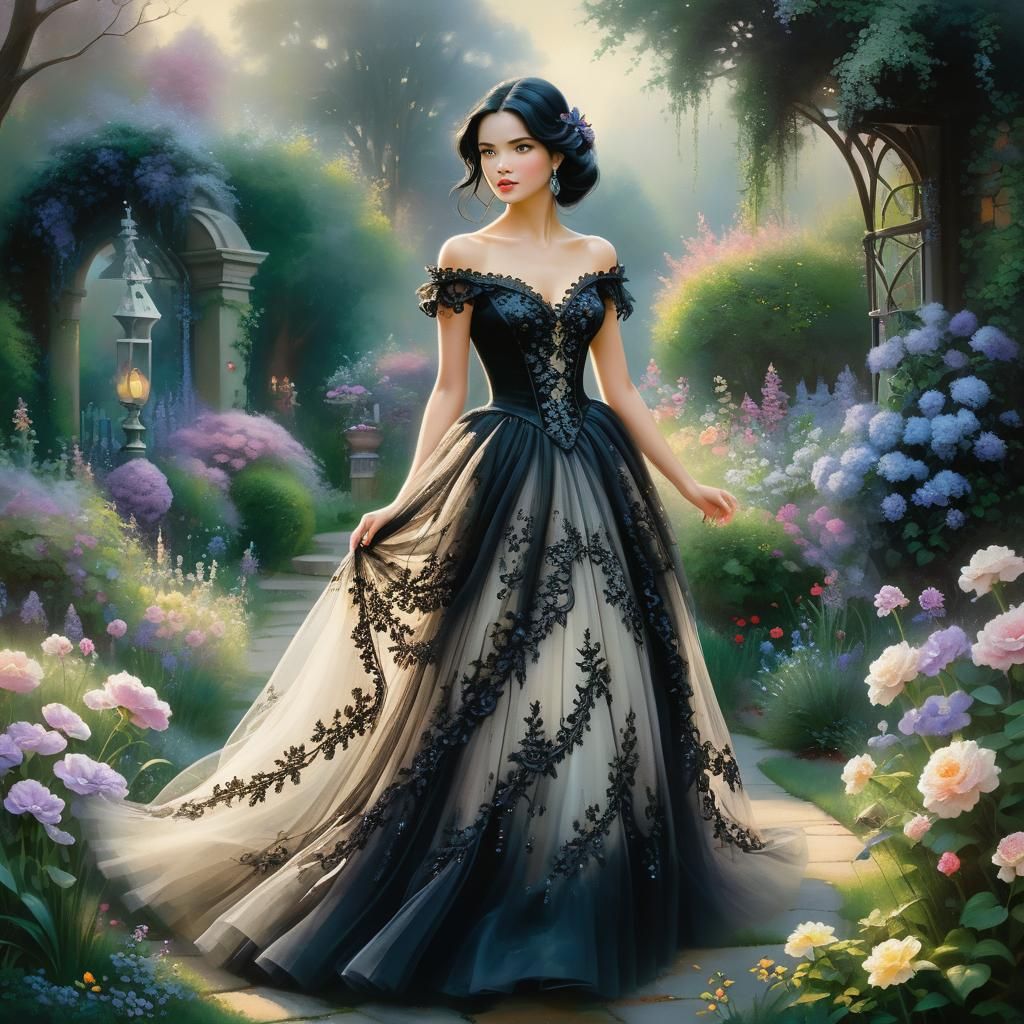 Ethereal Woman in Black Dress in Flower Garden