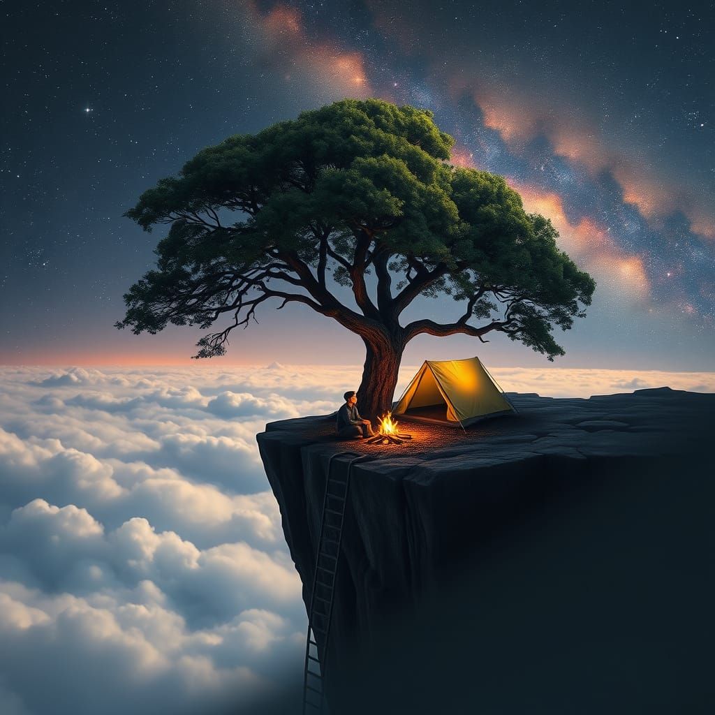 Young Adventurer Under Starry Skies in Dramatic Cliffside Ca...