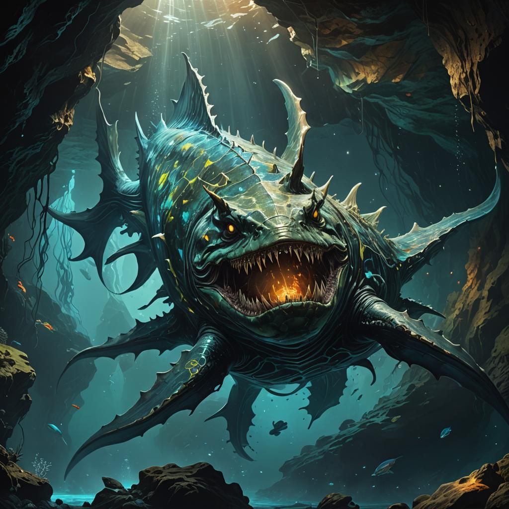 Bioluminescent Leviathan in Underwater Cave: Splash Art
