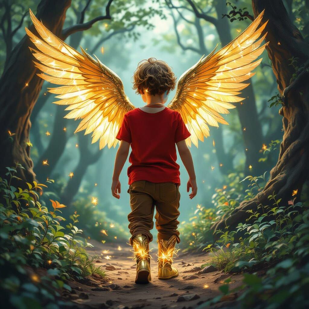 Boy Finds Winged Golden Shoes In Enchanted Forest
