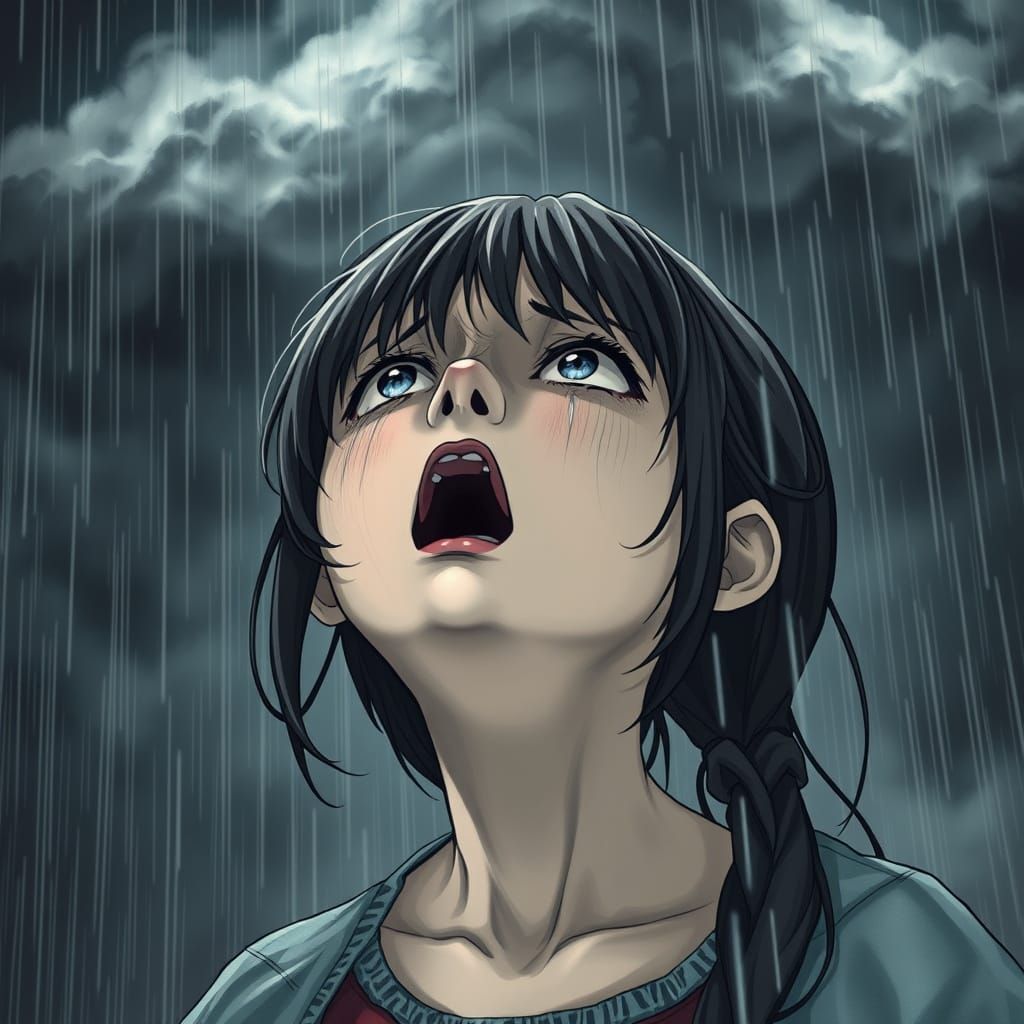 Distressed Young Girl Screams in Gray-Toned Rainy Landscape