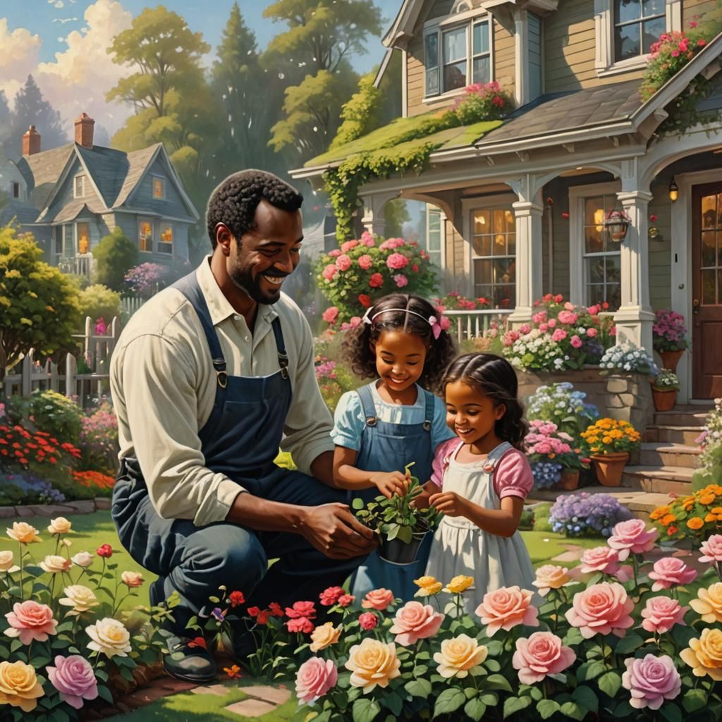 Father and Daughter Gardening, Kinkade Style