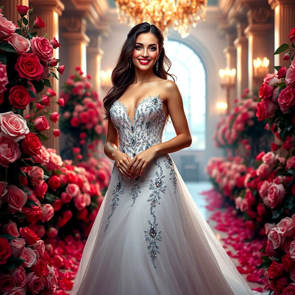 Stunning Woman with Red Lips in Decorated Hall