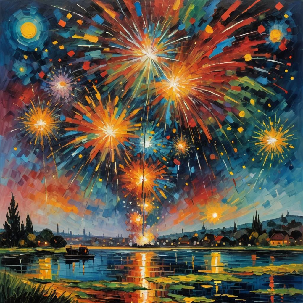 Colourful Fireworks Explode: Expressionist Impasto Oil Paint...