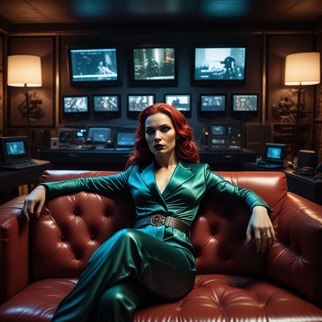 Femme Fatale Supervillainess in High-Tech Lair