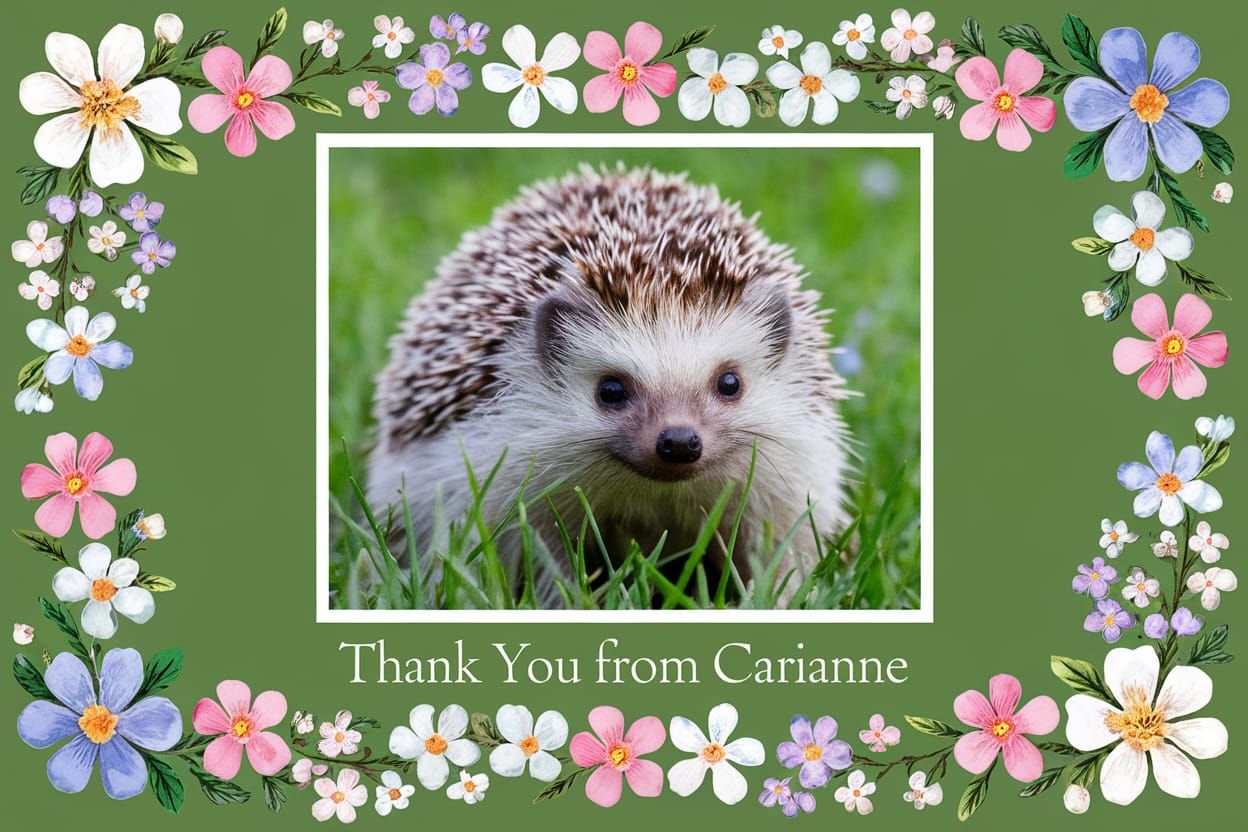 Cute Hedgehog with Spring Flowers and "Thank You" Message