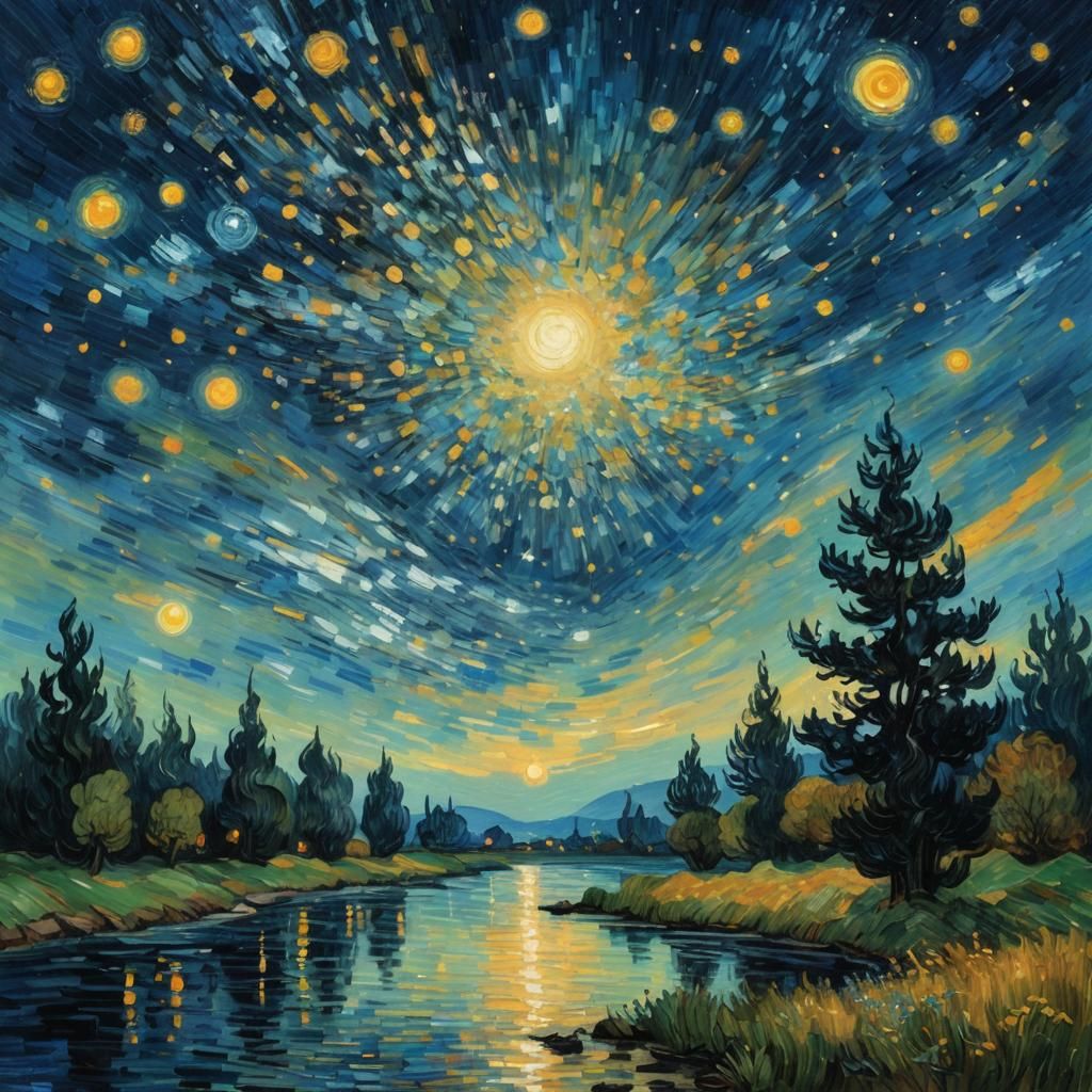 Falling Stars and Moon in Cosmic Impressionism