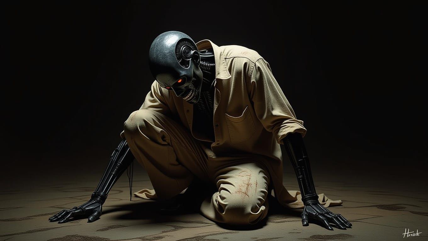 Biomechanical Horror Figure in Dark, Ominous Landscape
