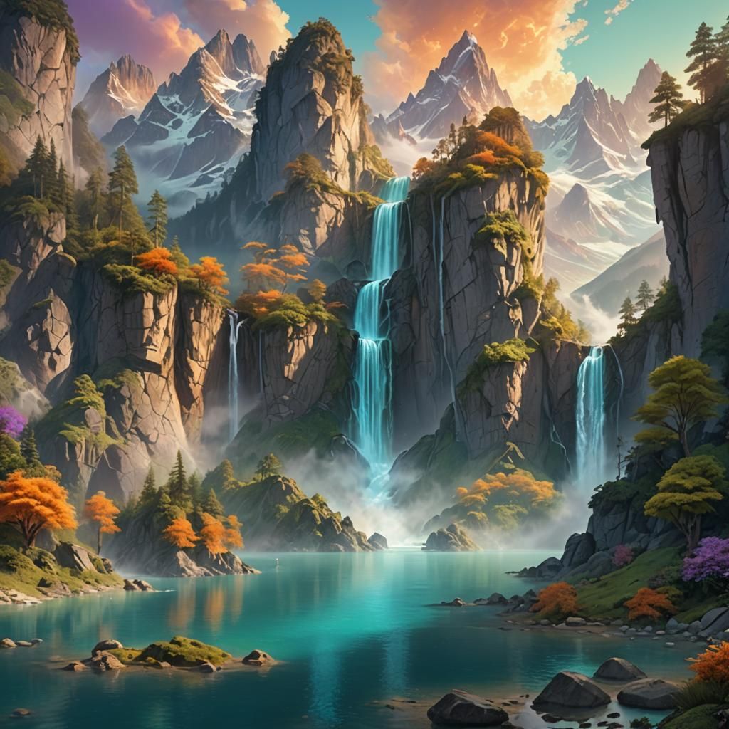 Majestic Mountainscape at Sunrise: Fantasy Concept Art