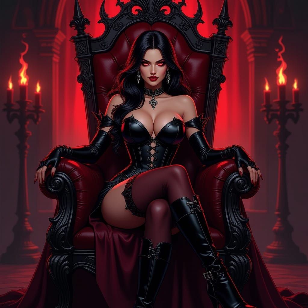 Sultry Demoness on Gothic Throne in Frank Cho Style