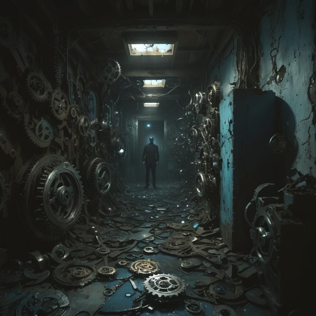 Surreal Clockwork Face in Abandoned Room