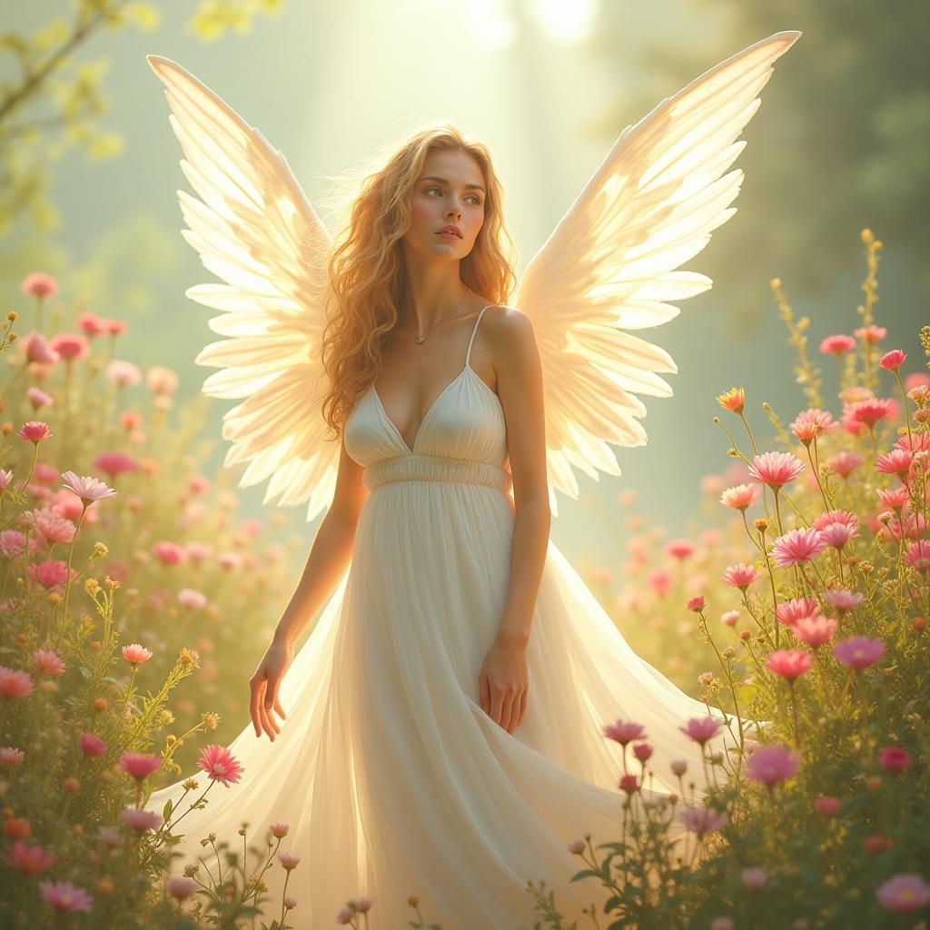 Female Angel in Dreamy Flower Garden