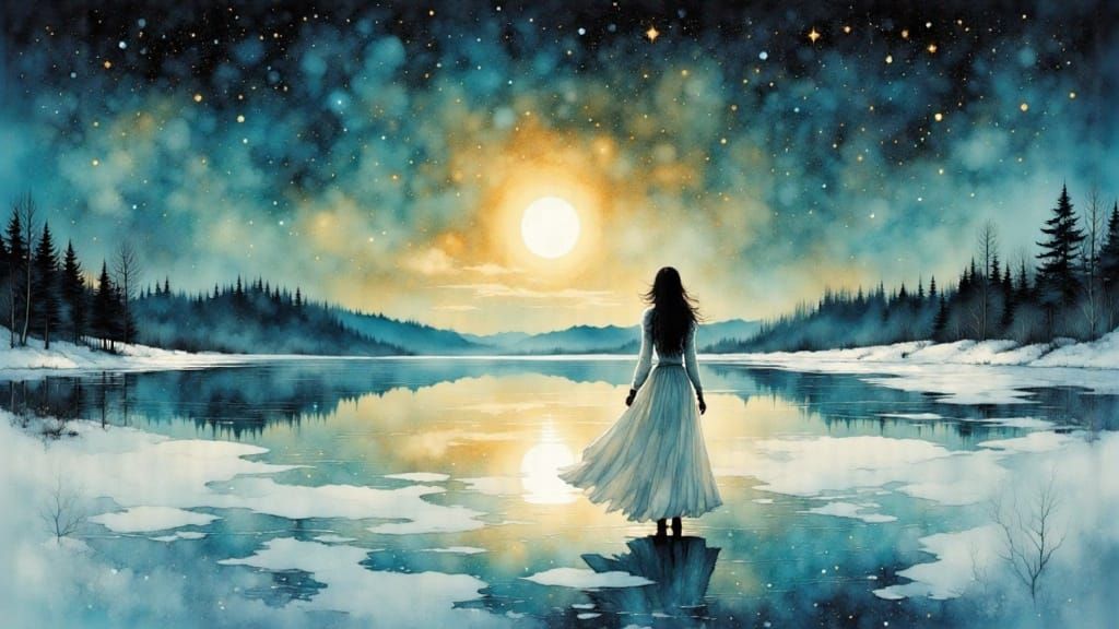 Woman in White Robe on Frozen Lake