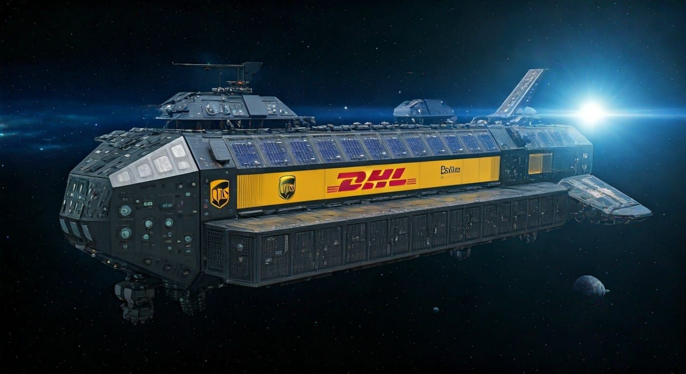 spaceship designed for DHL, specialized in interplanetary deliveries, featuring advanced thrusters and solar panels and ...