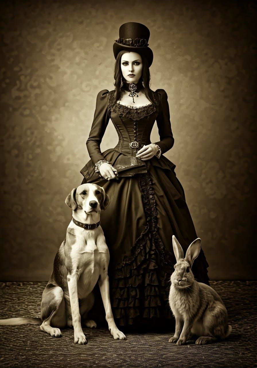 Gothic Victorian Hunter with Foxhound and Rabbit