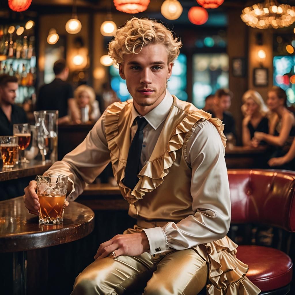 Elegant Young Man in Ruffled Dress: High-Fashion Portrait