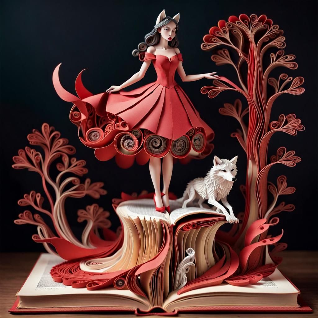 Woman in Red Dress in Kirigami Fantasy Art