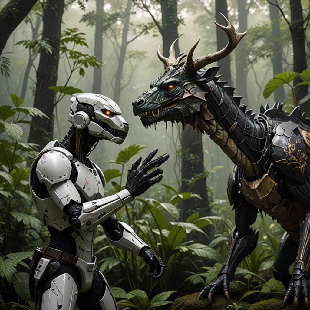 Dinosaur Space Battles in a Futuristic Landscape