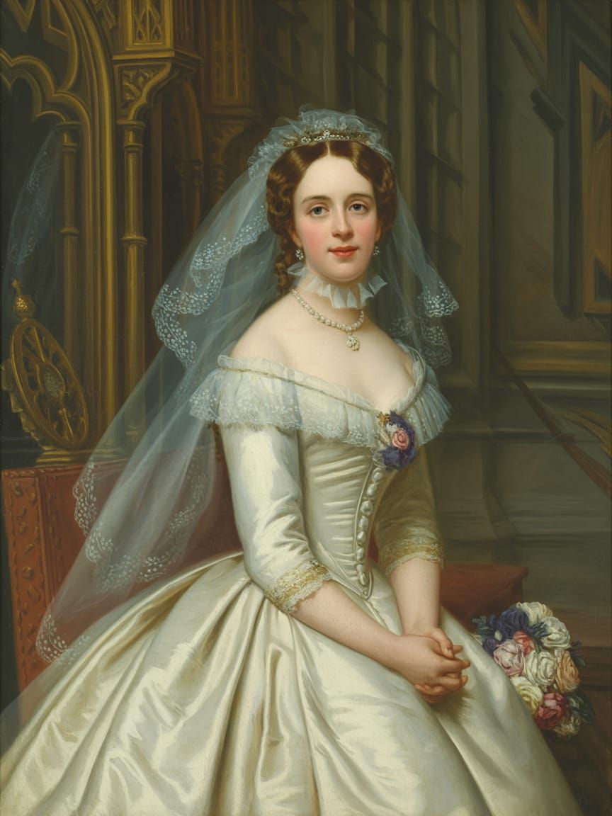 Victorian Bride in Church Oil Painting
