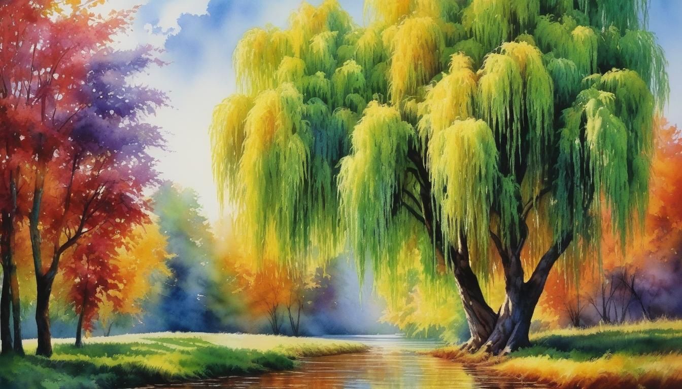 Watercolor Willow Tree with Iridescent Leaves