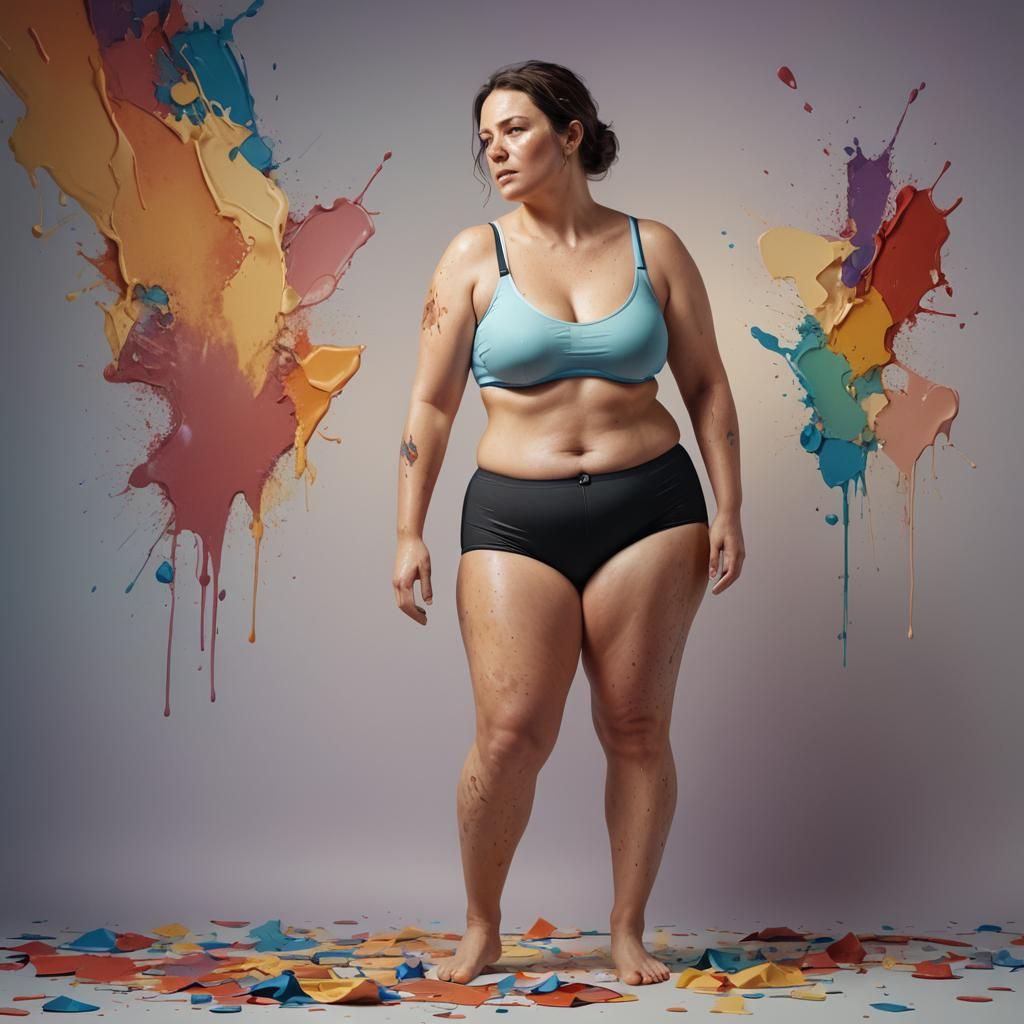 Depressed Woman in Underwear: Hyperrealistic Splash Art